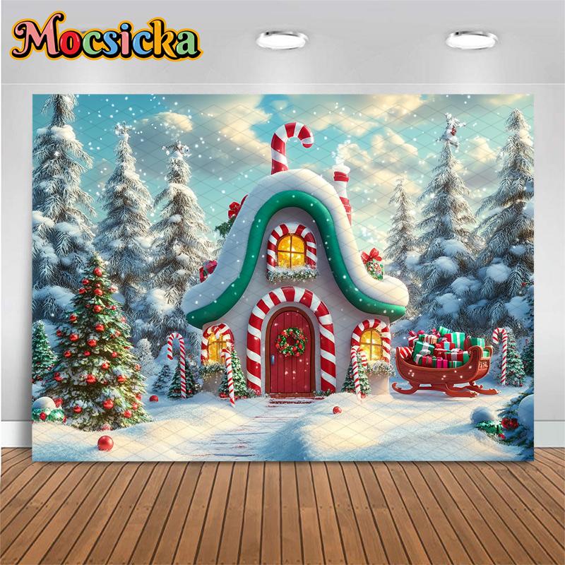 Mocsicka Christmas House Photography Background Xmas Tree Snowflake Lollipop Gifts Decoration Child Family Party Backdrop Banner