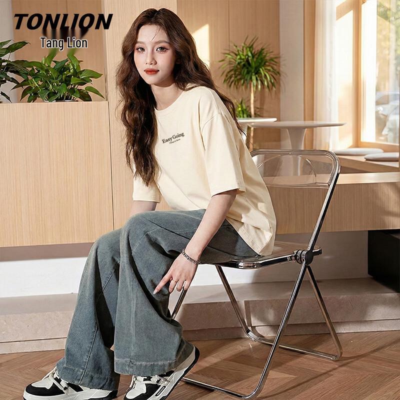 

TonLion Women s Loose Fit Heavyweight Pure Cotton Letter Print T-Shirt XL
