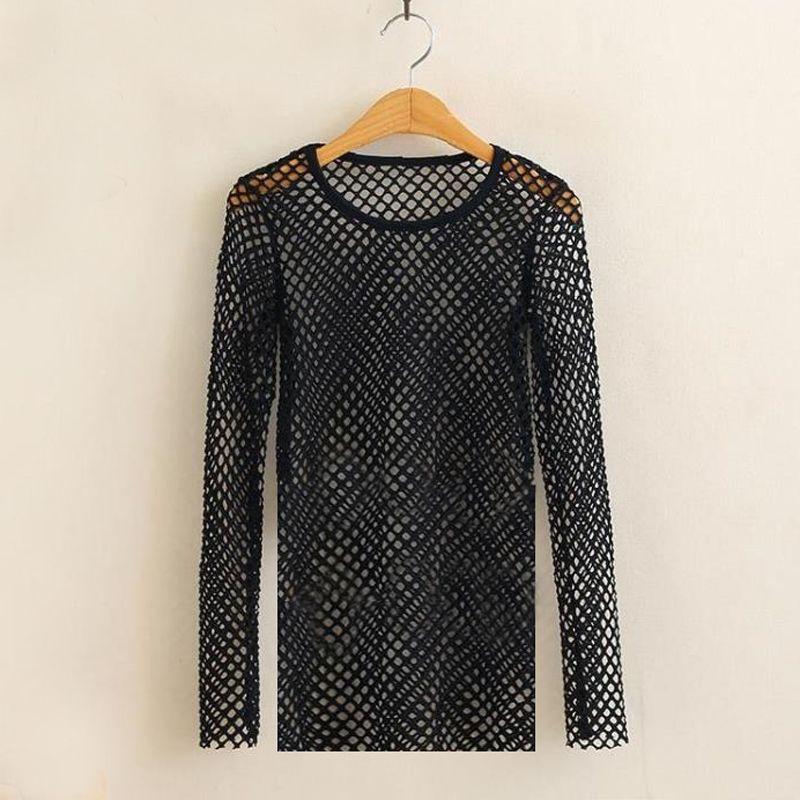 

Fashion New Mesh Hollow out Long Sleeves Tops round Neck Hip Hop Inner Casual Mesh Fashion High Waist plus Size Blouse Black S