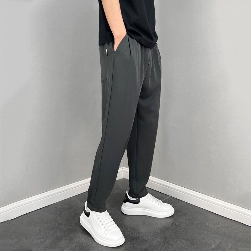 

Мужские эластичные гаремные брюки из ледяного шелка, с высокой талией, карманами, свободного кроя, с зауженными штанинами, длиной 9/10, красивые, повседневные, однотонные L серый