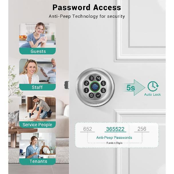 Inteligentny zamek do drzwi z klawiaturą, Bezkluczykowy zamek do drzwi z czytnikiem linii papilarnych i klamką do drzwi wejściowych i sypialni, Elektroniczny zamek do drzwi z gałką biometryczną i kodem z