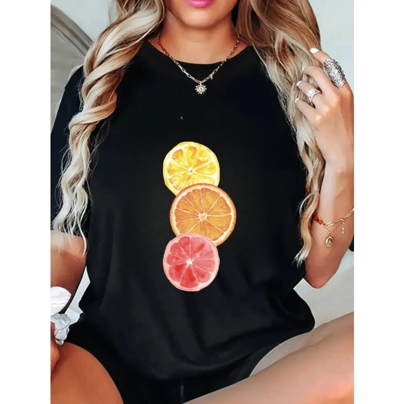 Black Oversized T Shirt With Citrus Fruit Print For  Casual Wear