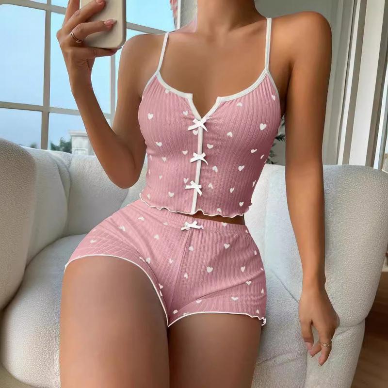 Set Sleepwear Women Pajamas Set Heart Print Soft Ribbed Fabric with Flirty Frill Trim Casual Cami Top and Short Set Loungewear