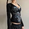 Printed V-neck slim-fit T-shirt, knit color-block base shirt, new top