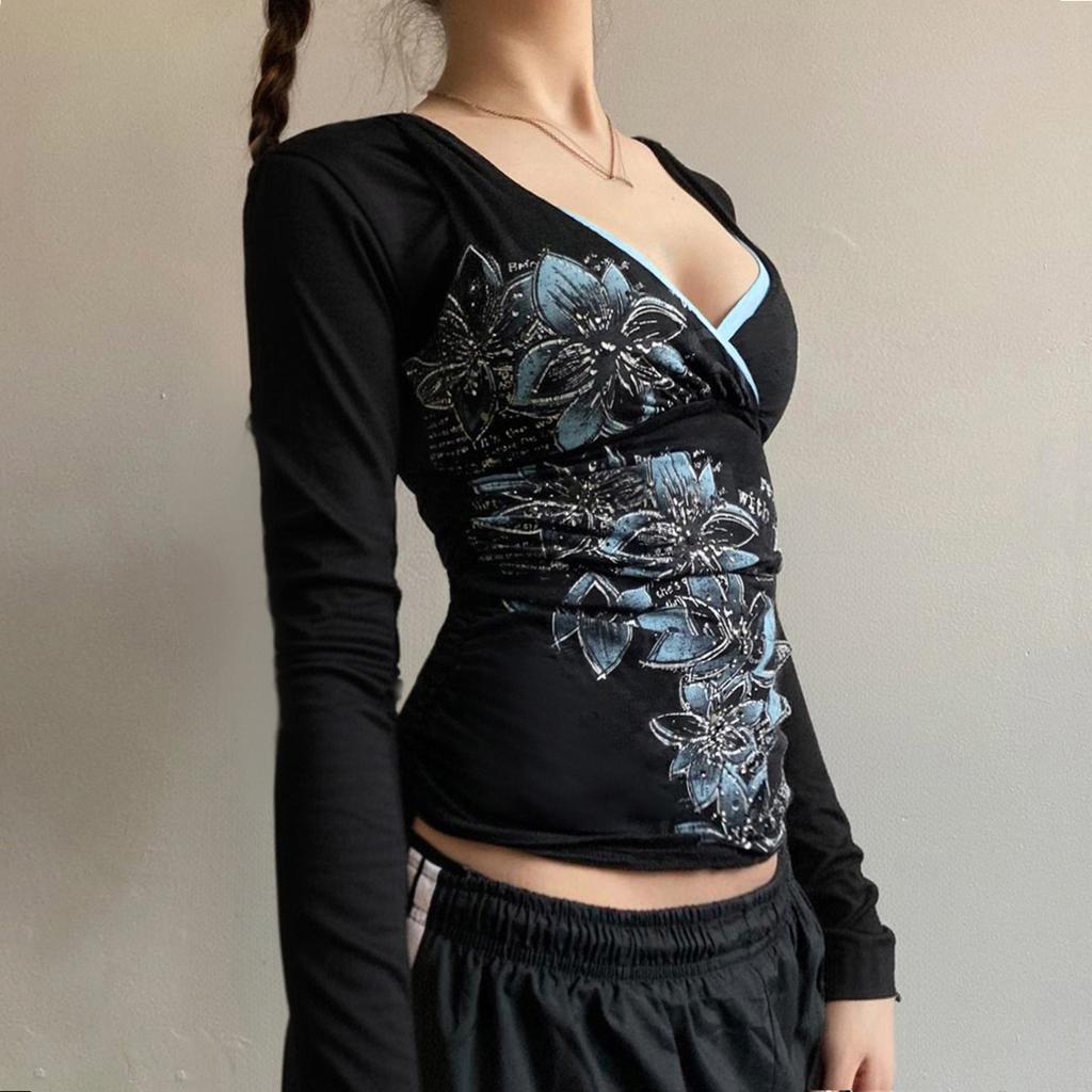 Printed V-neck slim-fit T-shirt, knit color-block base shirt, new top