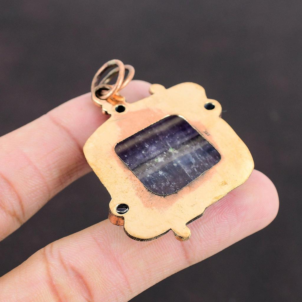 Multi Fluorit Anhänger Tansanit Quarz Anhänger Kupferanhänger Handgefertigter Schmuck Edelsteinanhänger Designer Kupferschmuck Oxidierter Anhänger