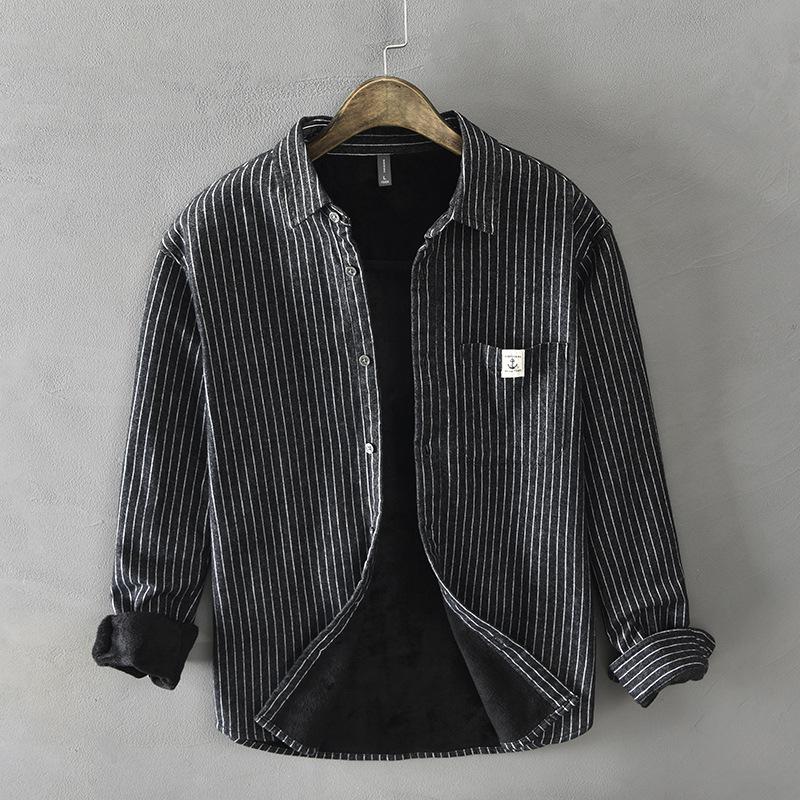 Winter Warm Men Shirt Daily Casual Men Tops Korean Style Striped Fleece Shirt Lapel Collar Brushed Button Up Shirt