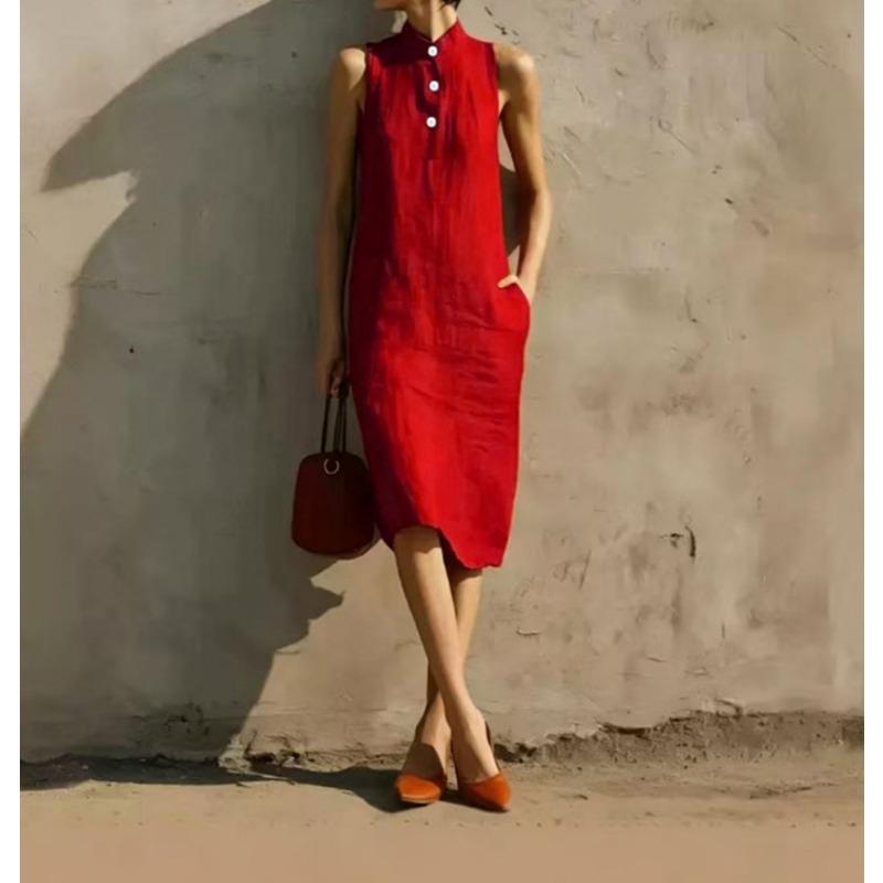 Abito Midi Casual da Spiaggia da Donna, Aderente, Senza Maniche, Colore Unito, Linea A