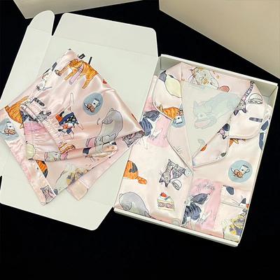 Pijama Corto Estampado de Gatos de Dibujos Animados para Mujer Nueva Moda Casual Ropa de Casa Femenina Seda Simulada
