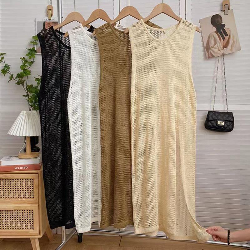 

2026 Summer Sleeveless Knit Top: Korean Style, Round Neck, Versatile, Hollow, Long Slit Design One Size кавовий