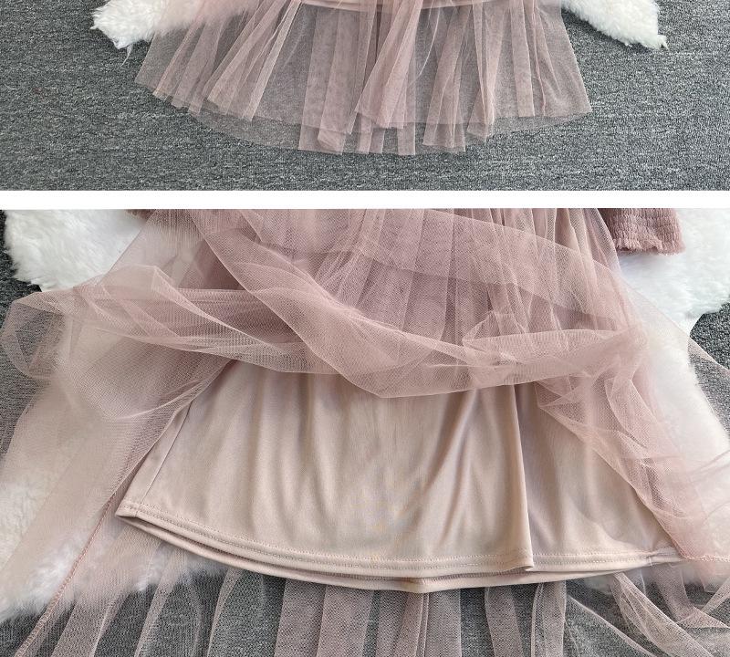 Three-Dimensional Floral Mesh Two-Piece Dress with Stand-Up Collar and Lantern Sleeves