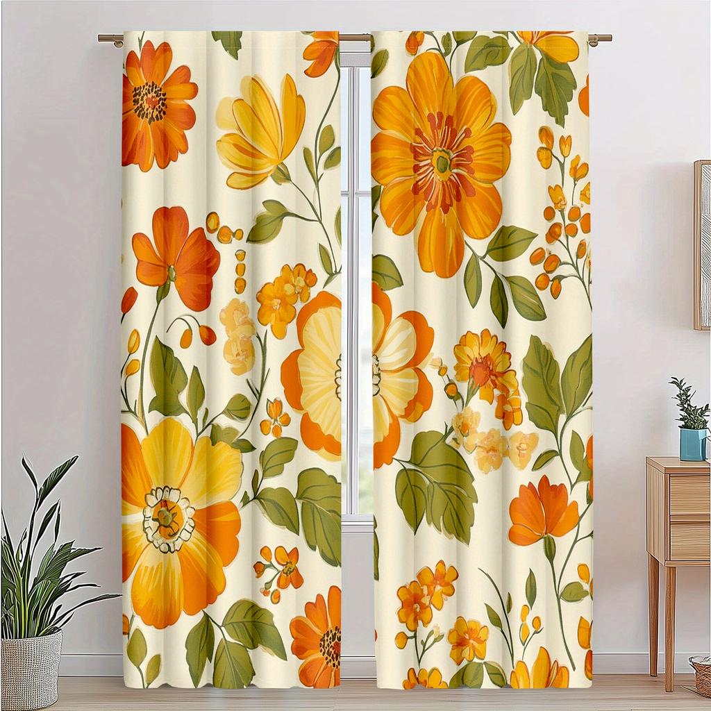 2pcs Decorative Curtains70s Style Castle Fairy Curtains   Watercolor Yellow Flowers   Green Leaves for Living Room