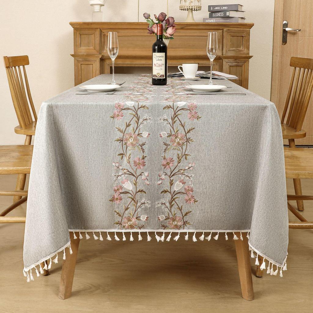 Luxury Embroidered Cotton-Linen Tablecloth with Tassels - Waterproof & Heat-Resistant