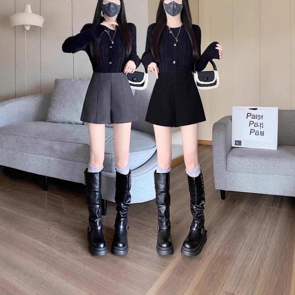 Women's Gray Woolen High-Waist A-line Shorts for Autumn & Winter - 2024 Casual Wide-Leg Pants with Boots