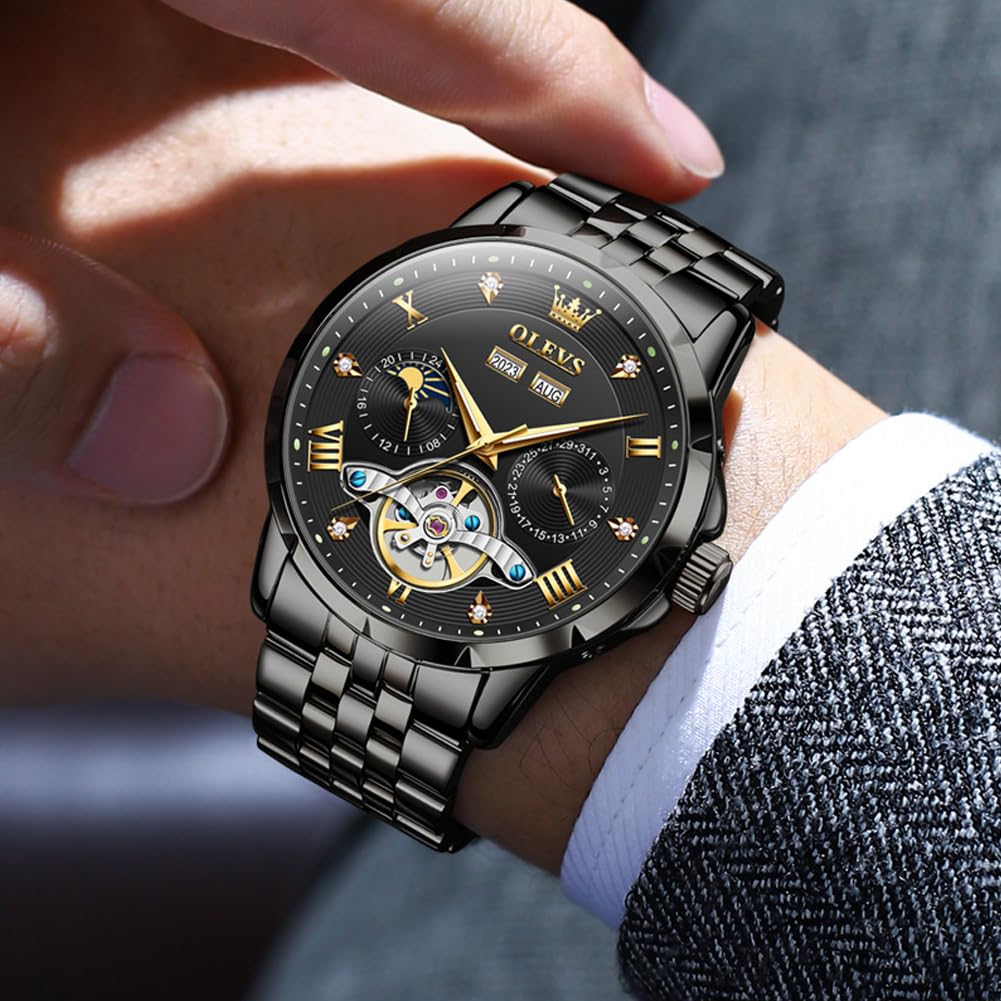 OLEVS Men's Mechanical Automatic Watch with Moon Phase Display, Stylish Skeleton Design, Waterproof, Popular, Luminous Watch, Black