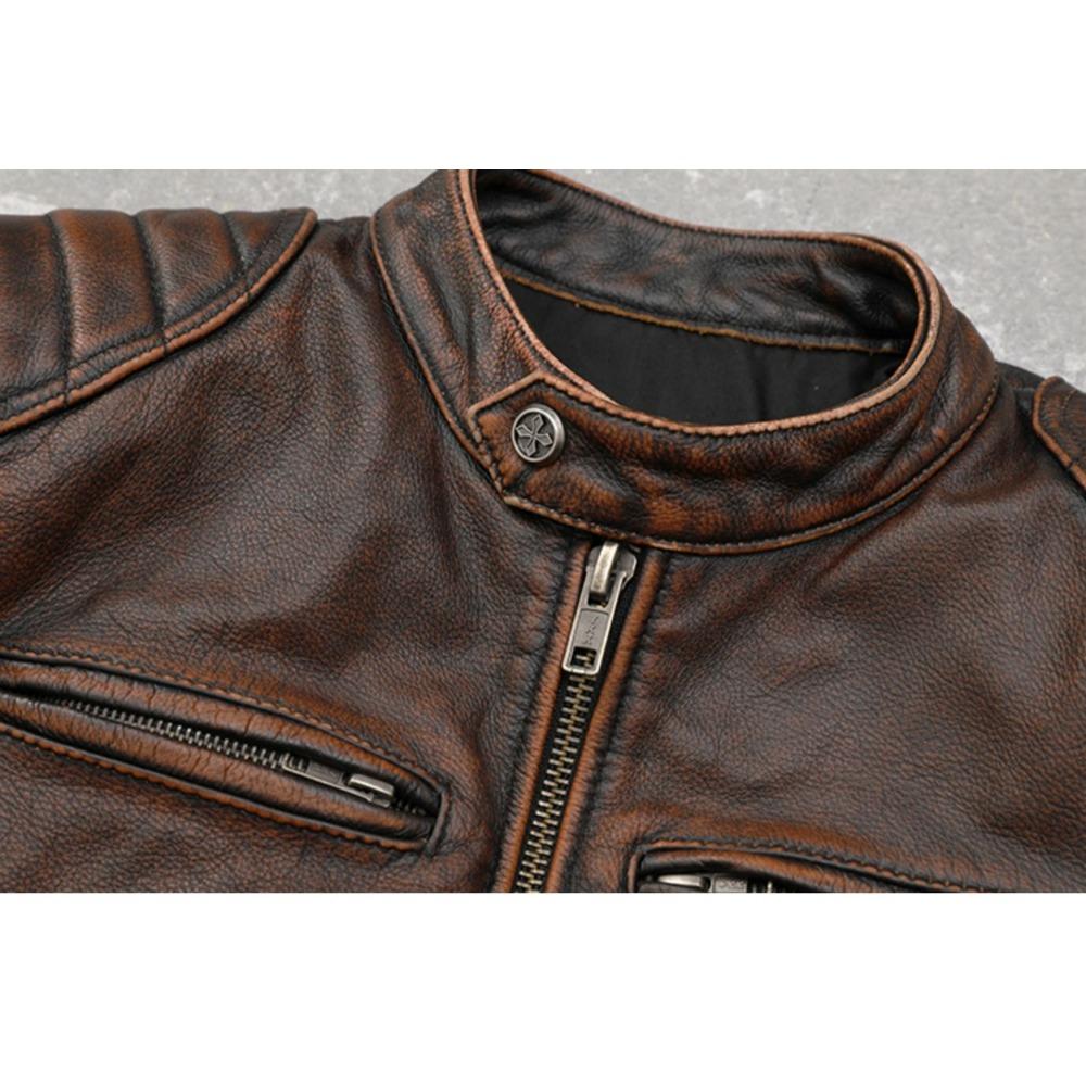 Chinese Size Vintage Red Brown Real Cowhide Genuine Leather Jacket Men Motorcycle Coat Mens Biker Clothes Spring Autumn