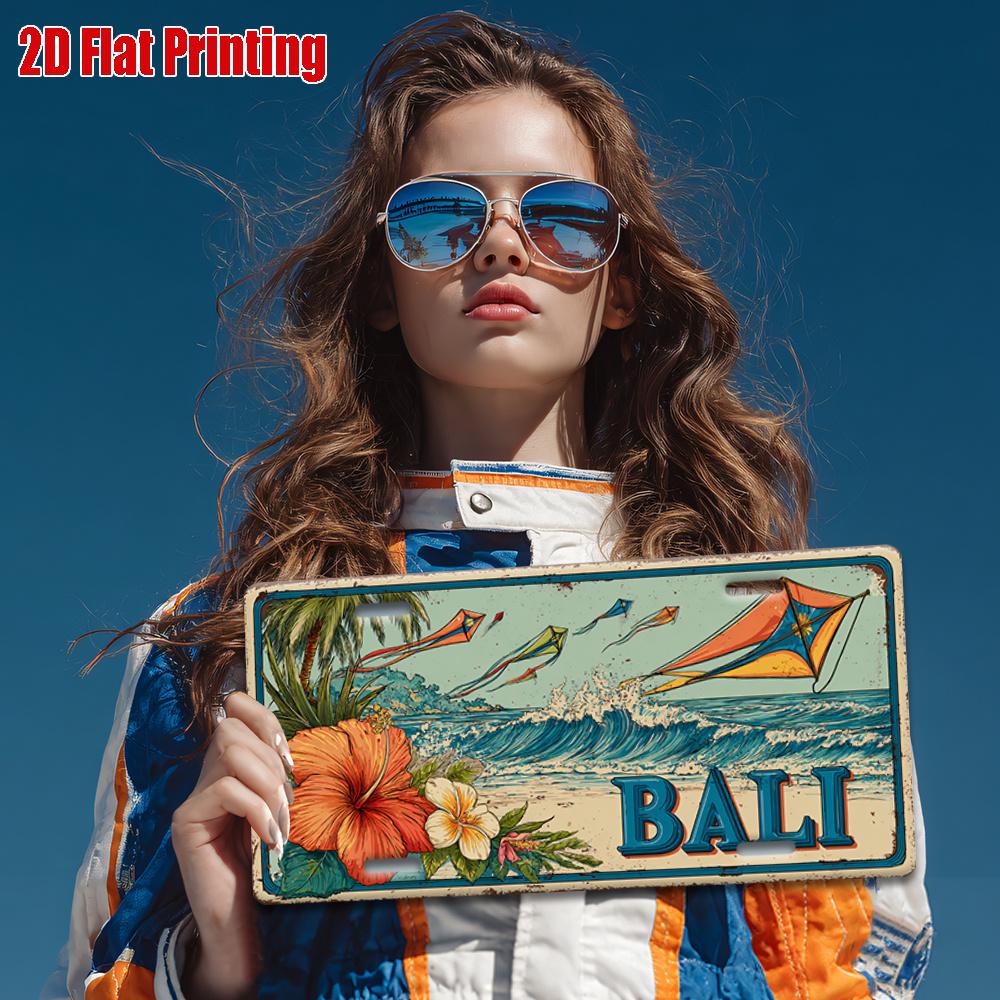 Printing, , Vintage Metal License Plate, Outdoor Wall Art , BALI Aluminum Sign with Tropical Surf and Kite Scene, Great for H