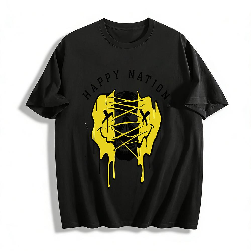 Happy Nation Skull Print T-Shirt Trendy Street Style Casual Loose Top Pure cotton T-shirt XXS