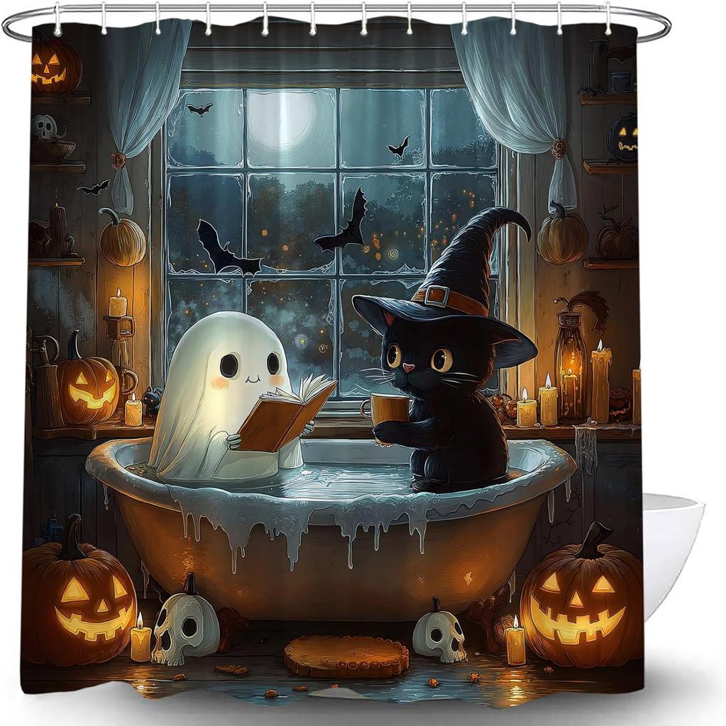Halloween Funny Ghost Shower Curtain Spooky Gothic Cute Ghost Black Cat Reading In Bathtub Pumpkin Bat Skull Dark Horror