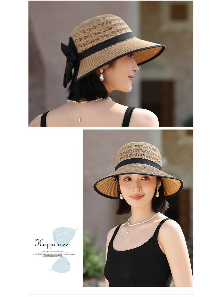 Women's Korean Style Knitted Straw Sun Hat with Large Brim and Bow