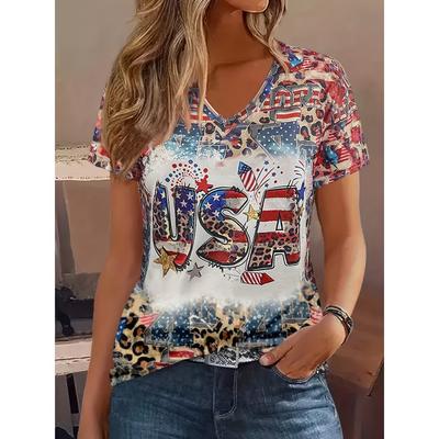 Plus Size Flag Letter Print V Neck T-Shirt Casual Short Sleeve Top For Spring & Summer Women's Plus Size Clothing
