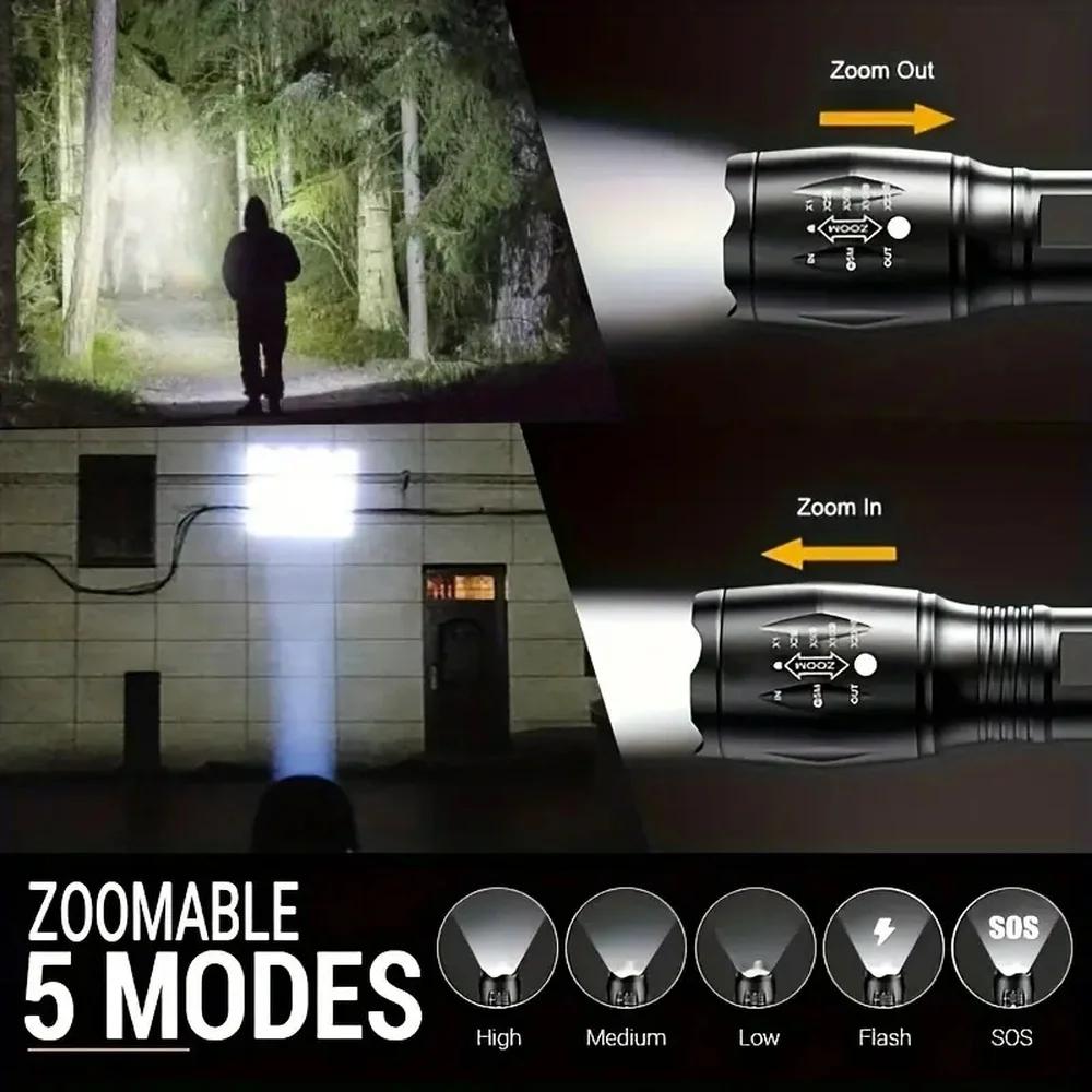 High Power Tactical T6 LED Flashlight 5 Modes Waterproof Zoom Torch Aluminum Alloy Portable Light for Camping Hiking Hunting