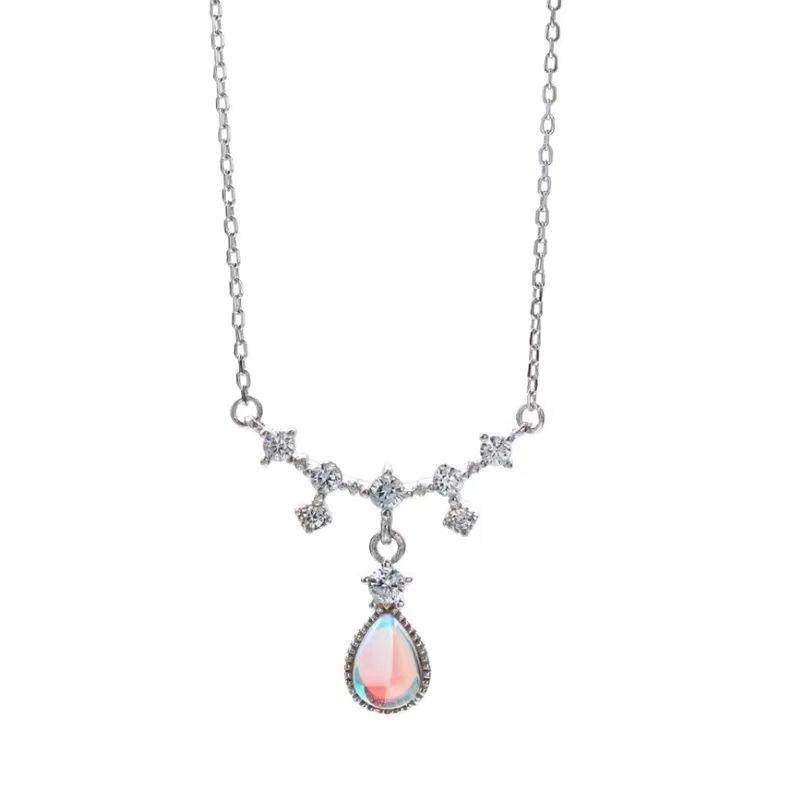 

925 Silver Moonstone Pendant Necklace for Women , Dreamy Fairy Style , Rhinestone Setting , Chain 41 - 50cm 925 silver білий