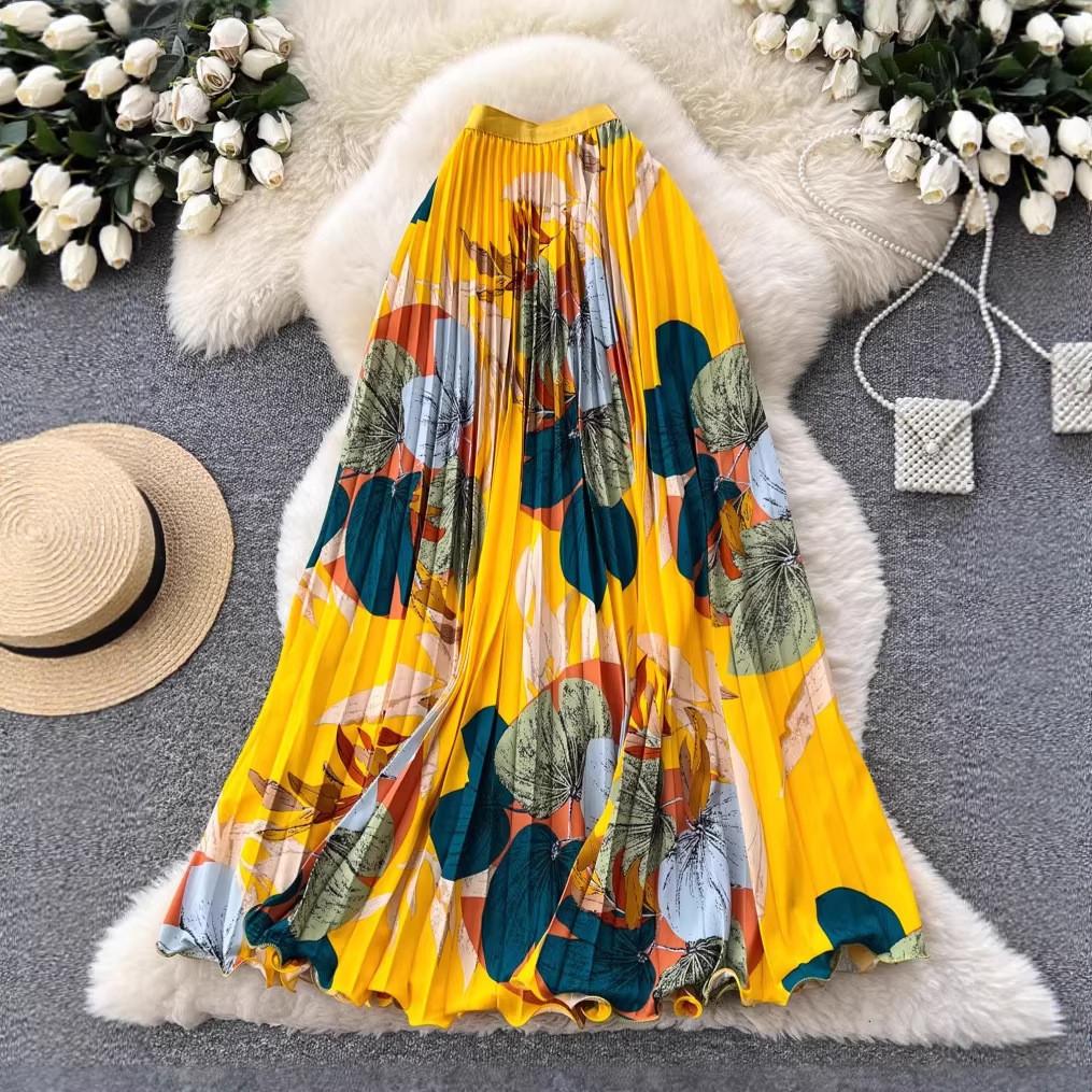 Qooth Floral Pleated Elastic A-Line Maxi Skirt High Waist Full Flare Long Skirt for Holiday QT2891