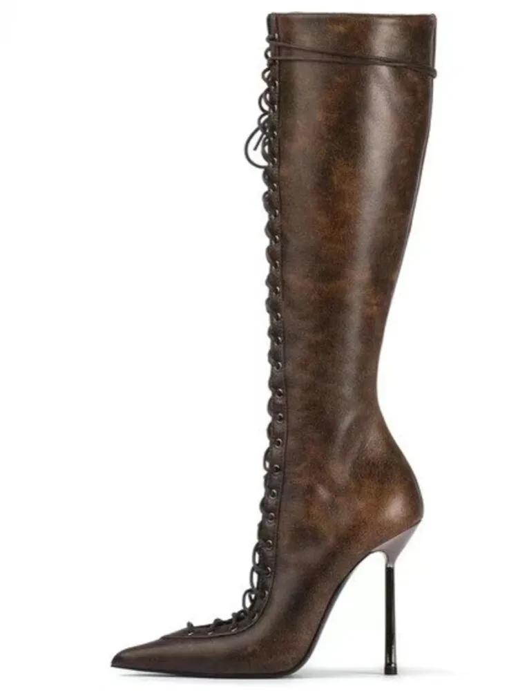 2025 Vår/Sommer Ny Snøring Korte Kule Støvletter Sideglidelås Bankett Slim Fit Høy Hæl Sexy Knelange Damestøvletter