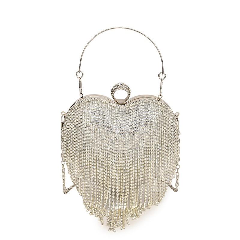 Elegant Rhinestone Heart Shaped Handbag With Tassel Chain Strap Small Evening Clutch Women Formal Party Dress Accessory
