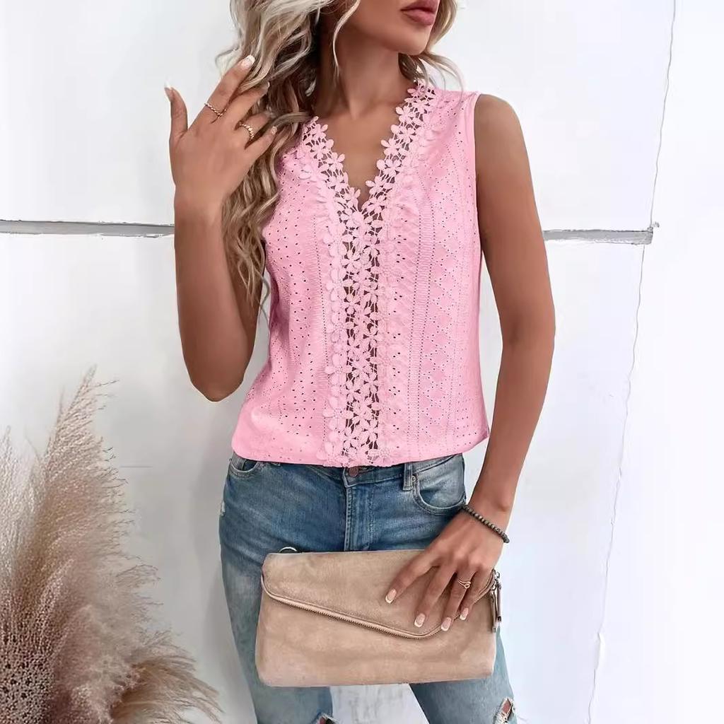 Women's Summer Tank Top V Neck Splicing Hollow Lace Vest Sleeveless Tops