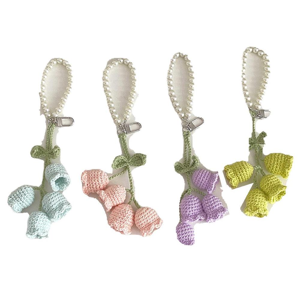 Korean Style Cute Girl Pearl Chain Lily of the Valley Crochet Knit Keychain with Decorative Buckle