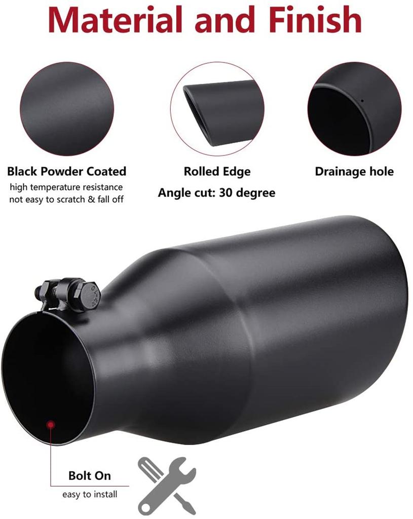 4" Inlet 5" Outlet 12" Long Angle Cut Rolled Bolt-On Exhaust Tip Tail Pipe Black