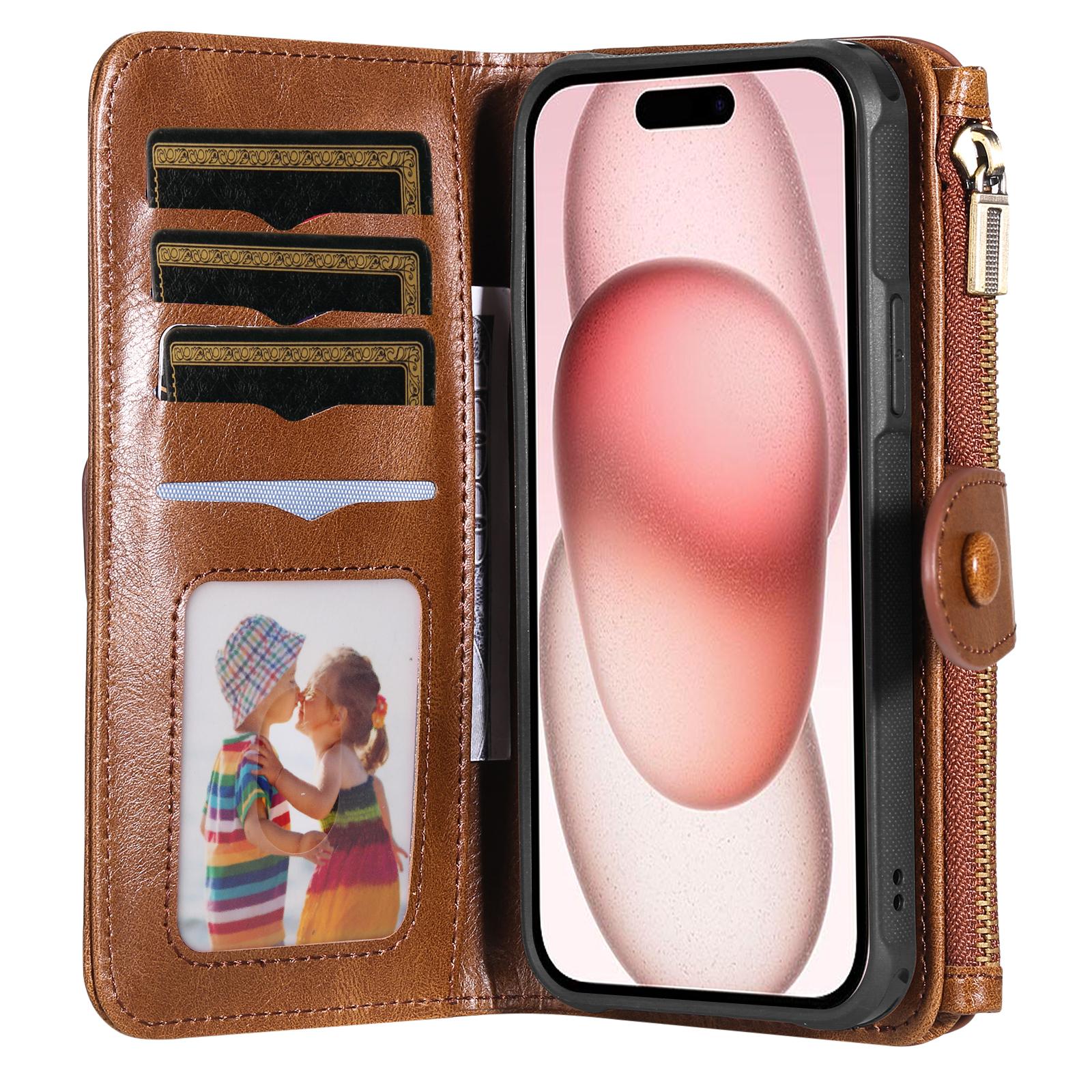 

For iPhone 15 Magnetic Case Detachable PU Leather Zipper Wallet Cover Brown