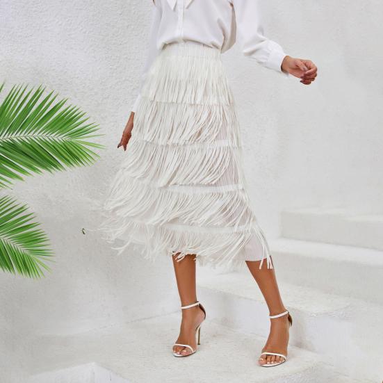 Women Midi Skirt Elastic Waist A-Line Fringed Mid-Length Skirt Solid Color Leisure Beach Travel Skirt Wear