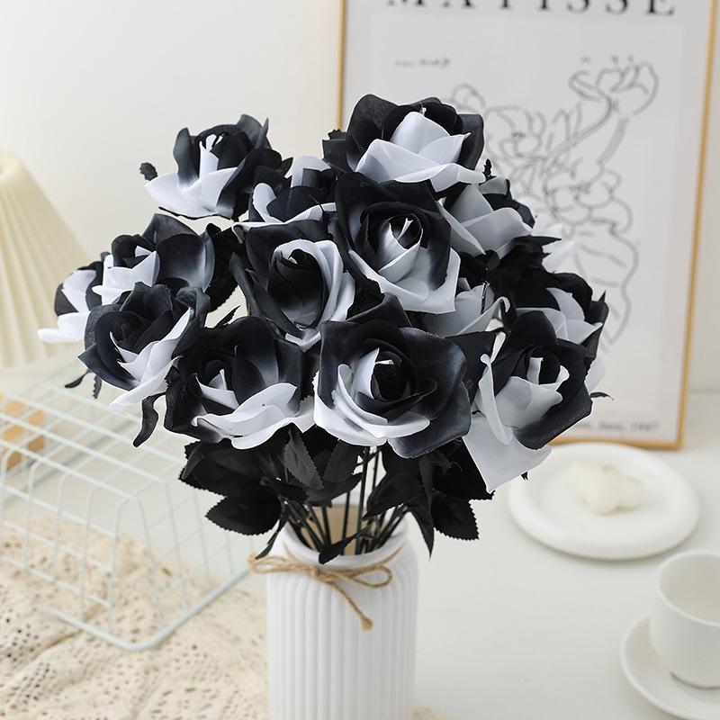 Fiori Finti di Halloween Rosa Nera Rosa Artificiale Decorazione Festiva Fiore Finto Vendita Calda Singola Rosa Nera