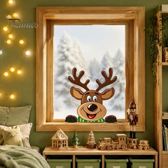 Holiday Window Clings Christmas Static Clings, Peeking Santa Reindeer Stickers, Reusable Winter Art No?Glue Cartoon Decals for Indoor?Outdoor