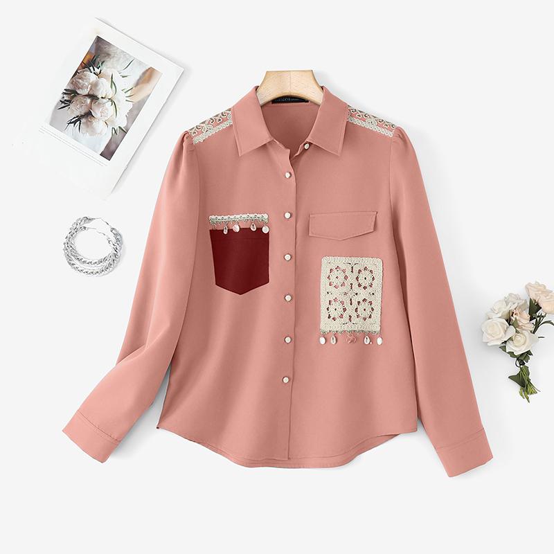 

ZANZEA Женская повседневная блузка с отложным воротником, длинными рукавами и пэчворком 3XL