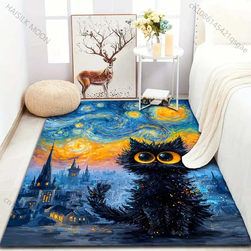 1PC Cat and Starry City Carpet for Living Room Bedroom Sofa Home Decor Rus Non-slip Floor Mat Luxury Gift
