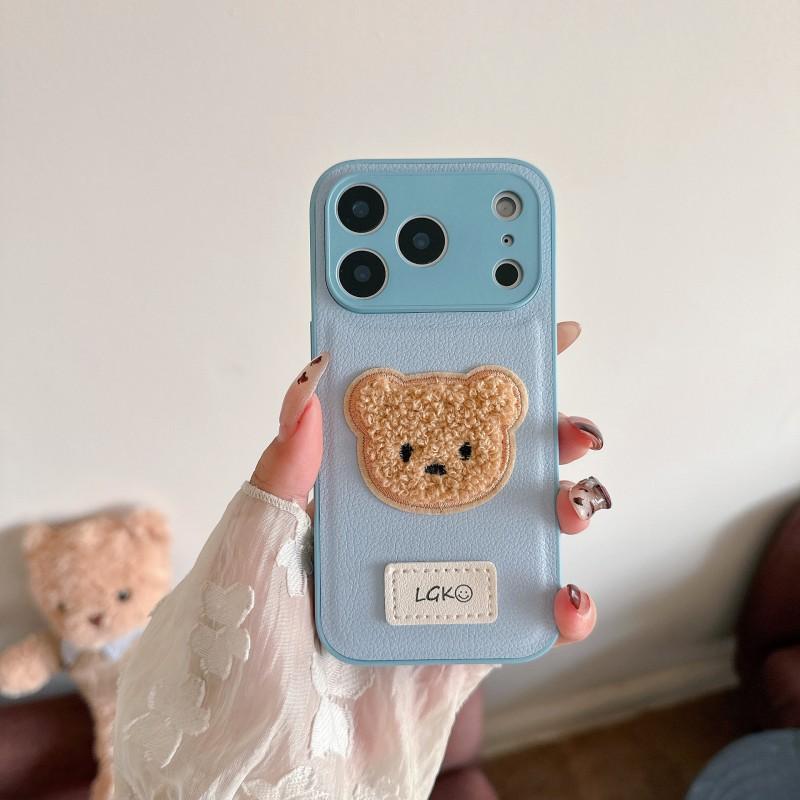New Plain Leather Plush Teddy Bear Suitable IPhone 17 Promax Phone Case Apple 16 Anti Drop Protective
