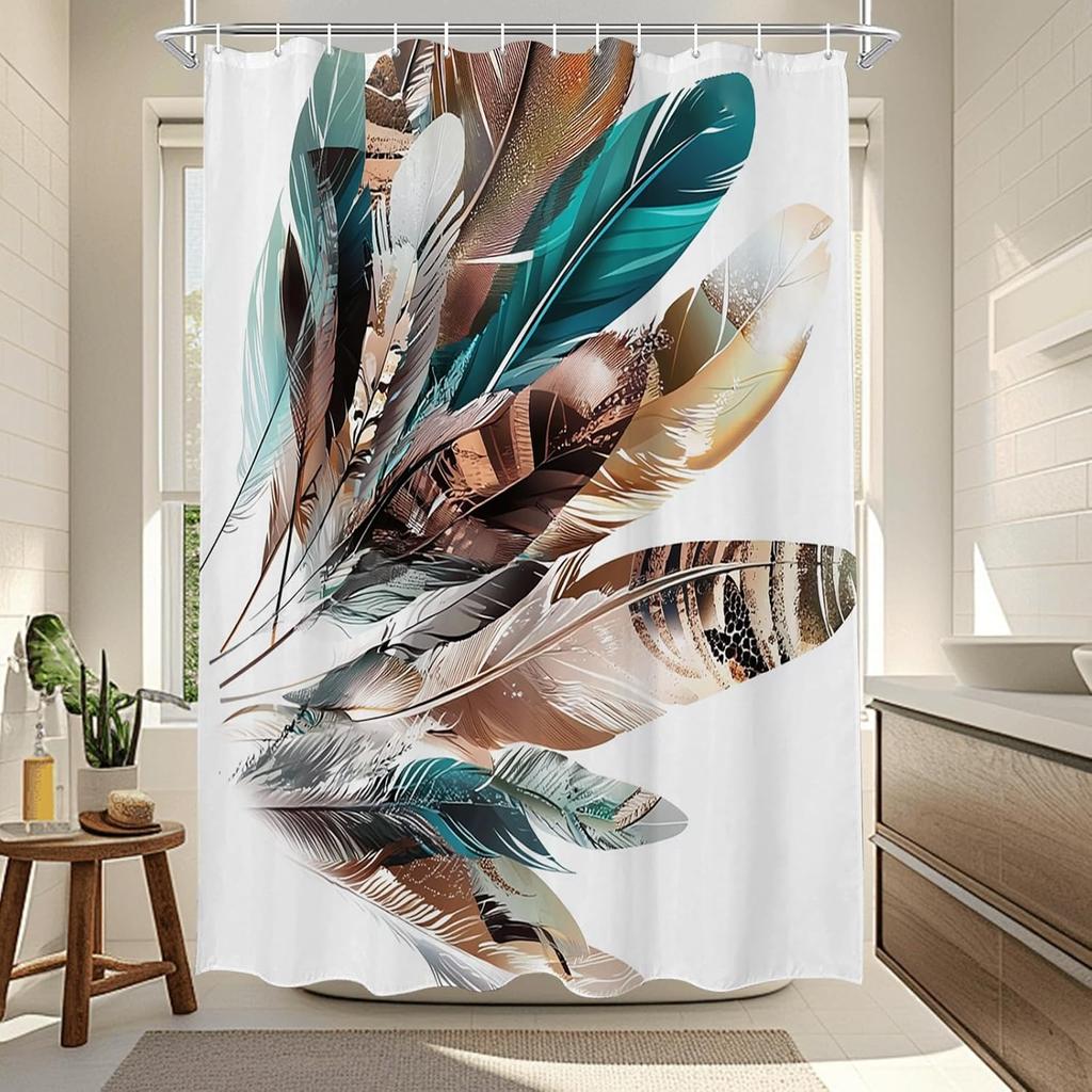 Boho Feather Shower Curtain Colorful Feathers Pattern Artistic Tribal Style Waterproof Bathroom Decor Accessory With Hooks