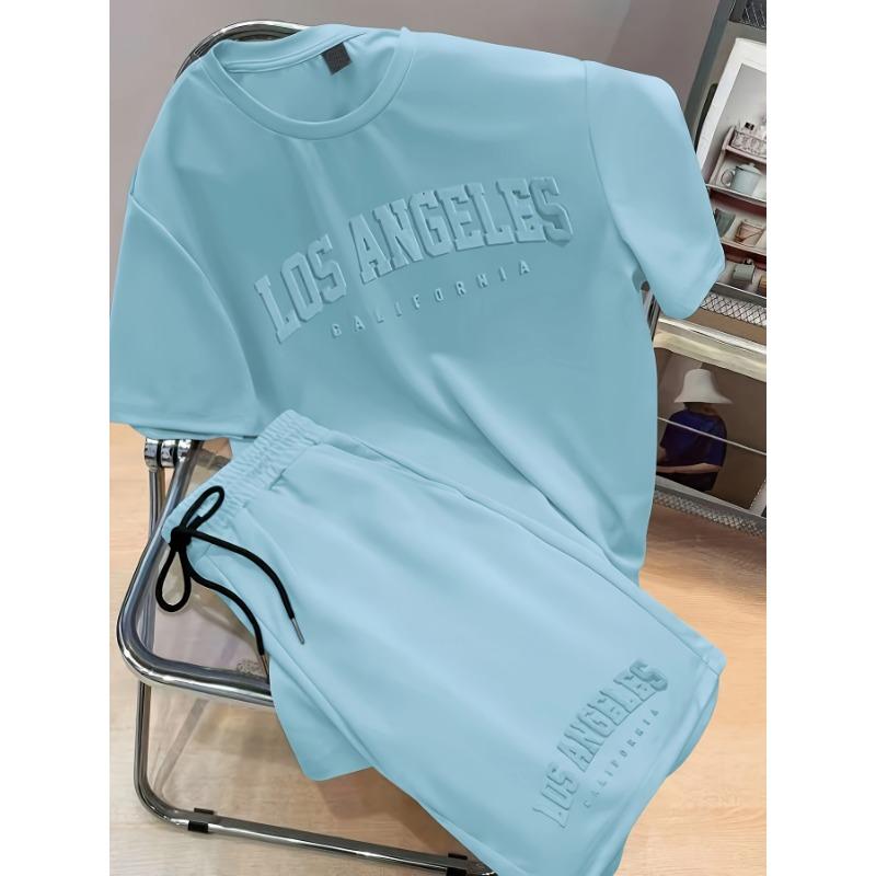 

Men s simple solid color letter embossed short-sleeved T-shirt and shorts set, 2-piece set S