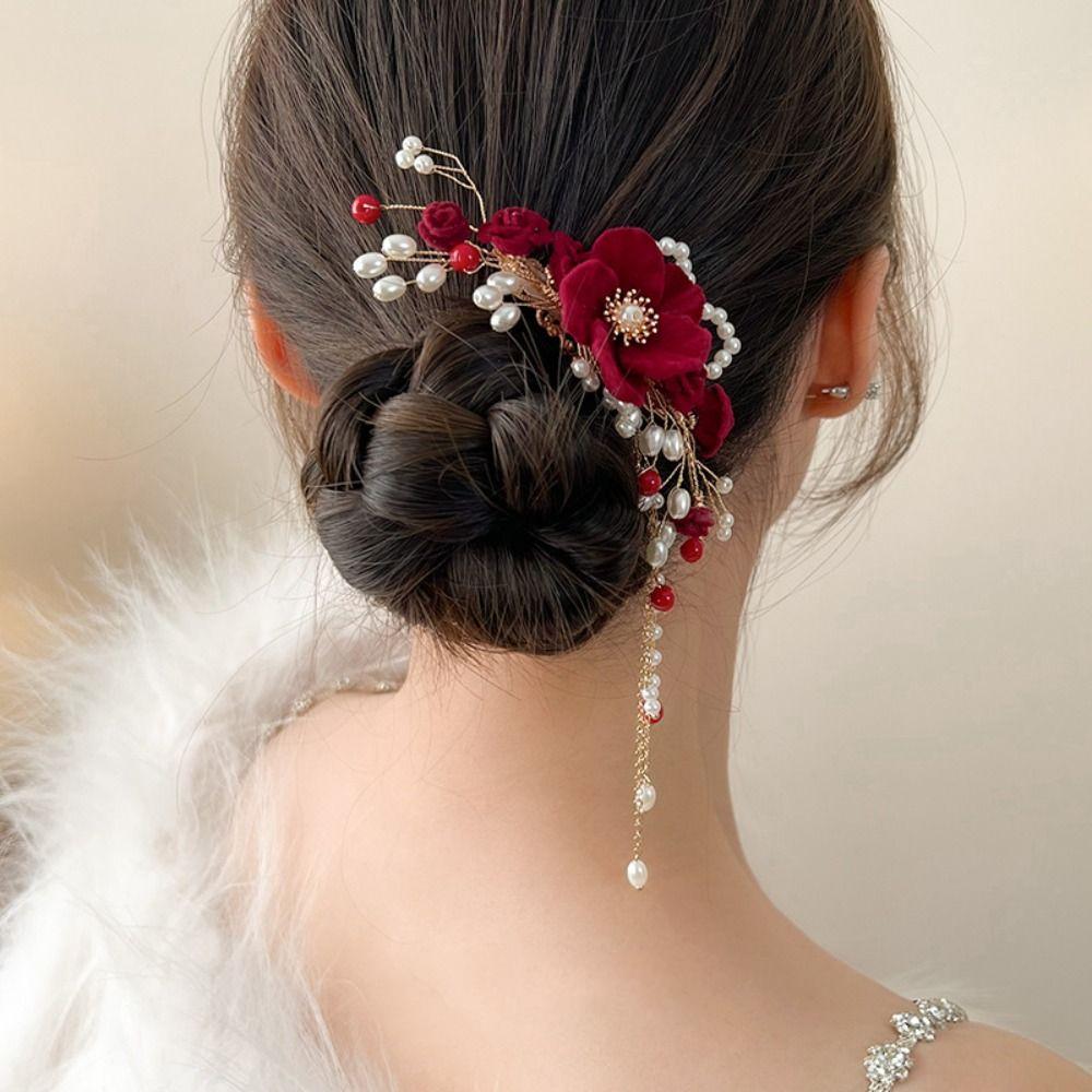 Red Bridal Headwear Pearl Wedding Hair Jewelry Exquisite Bride Tiara  Women