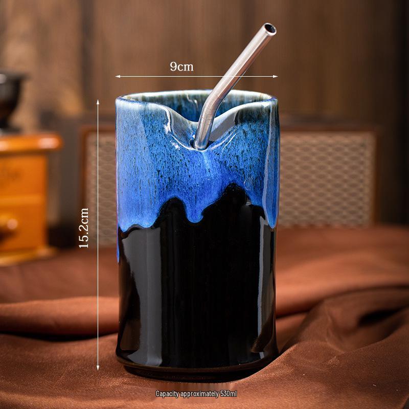 Nordic Creative Retro Ceramic Coffee Cup - Irregular Straight Cylinder Design, Coarse Pottery Finish, Straw Mug Style.