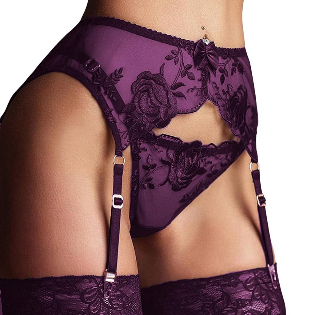 Spitzen-Strumpfhalter-Set mit Tanga für Damen Hosenträger-Dessous mit 4 Metallklammern Haltergurte für Strümpfe + Tanga