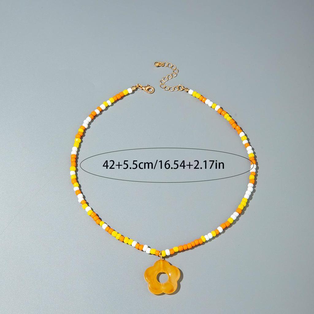Summer New Style Fresh Temperament Resin Hollow Flower Pendant Color Blocked Rice Bead Necklace Women's Jewelry Daily Matching Necklace
