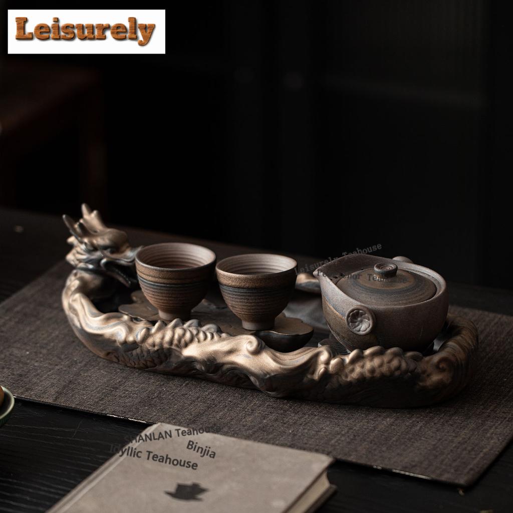 Gilt Coarse Pottery Dragon Lying On Lotus Tea Tray Afternoon Tea Dessert Plate Coffee Storage Board Teapot Mat Dishes Tea Set