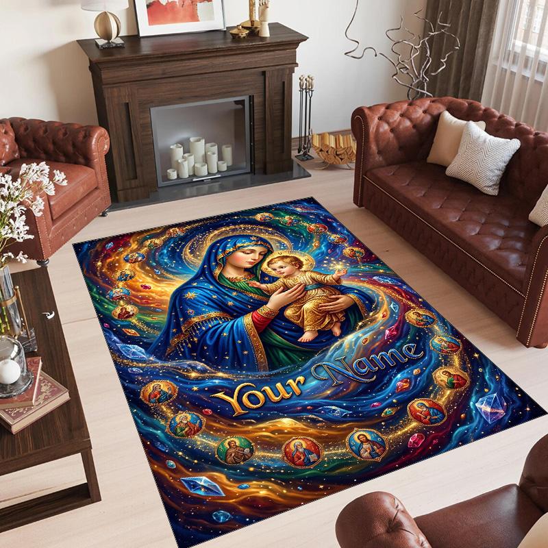 Virgin Mary Theme Crystal Velvet Rug Personalized Custom Name Text Soft Floor Mat Home Decor
