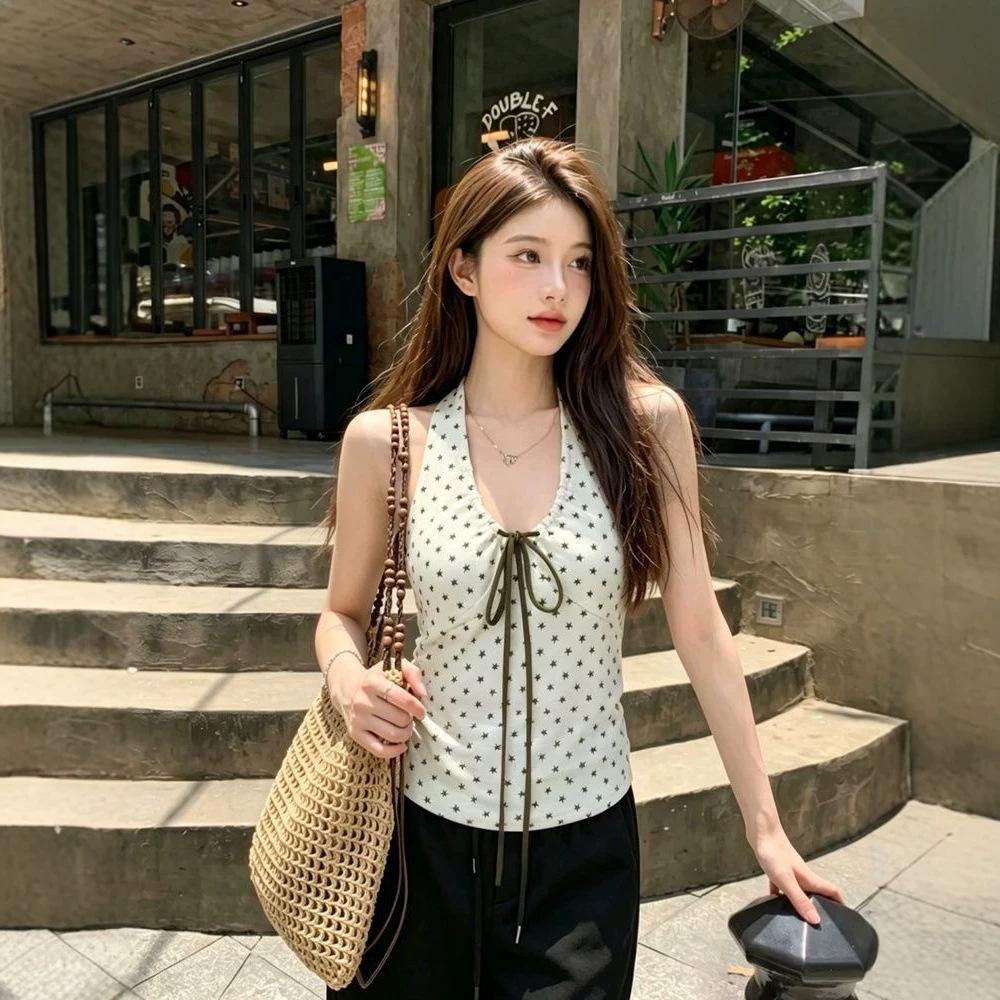 Korean star full print neck sling vest women's summer new design sense Spice girl wear inner lace-up top