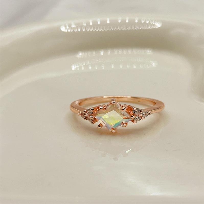 Japanese Exquisite Copper Inlaid Colorful Zircon Ring Women'S Exquisite Square Rhombus Personalized Ring Light Luxury Jewelry